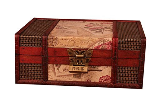 Bestwoo Vintage Treasure Storage Trunk Box Wood Jewelry Holder with Lock Stamp Pattern
