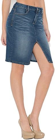 Knee Length Medium Blue Denim Pencil Skirt With A Front Slit Cut For A Sexy Look. (Small)
