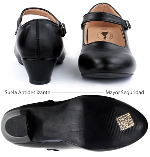 Flamenco Shoes for Girls Dance Dance Sevillanas with Adjustable Strap Heel, Non-Slip Sole