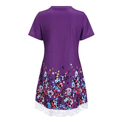 TIFENNY Mini Dress for Women O Neck Casual Print with Pocket Lace Short Sleeve Mini Dress Loose Party Dress Purple