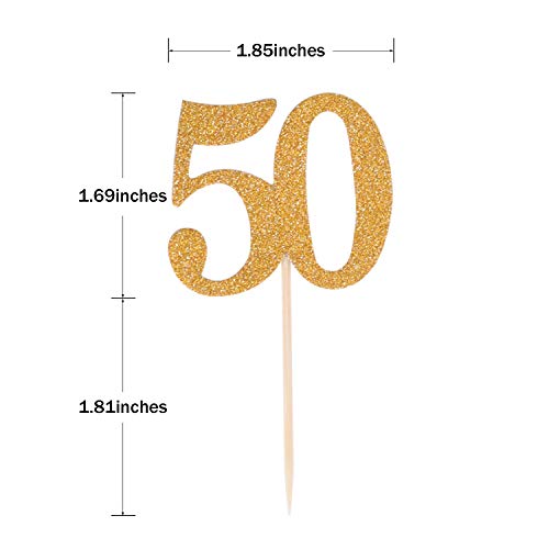 Donoter 50pcs 50th Cupcake Toppers Gold Glitter Number 50 Cake Picks for Birthday Anniversary Party Decoration