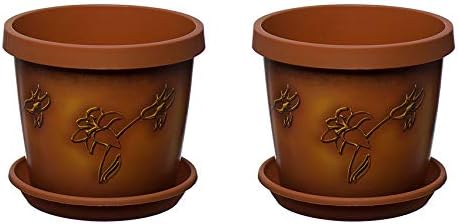 Home Garden Ornaments Set of 2 coloured plant pots with saucer 22cm-8.7 inch(Terracotta-flowers)