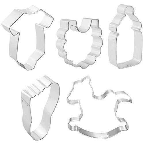 Hibery 5 Pack Stainless Steel Baby Shower Cookie Cutters - Onesie, Bib, wooden horse, Bottle, Baby Foot Cookie Cutter