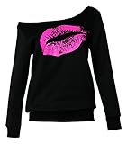 Smile Fish Women Lips Off The Shoulder Slouchy Sweater Sweatshirt(Black-rose3,2XL)