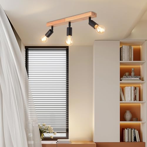 LVWIT LED Spotlights Indoor Wooden Ceiling, Ceiling Lamps with 3 Bases, Ceiling Spotlights with E27, Adjustable Black Ceiling Lamp, Indoor LED Spotlight for Living Room, Bedroom, Kitchen, Hallway (without Bulb)