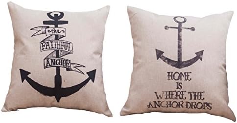 LGNL 2PCS Cotton Linen Square Decorative Throw Pillow Case Cushion Cover 18" x 18" (Anchor)