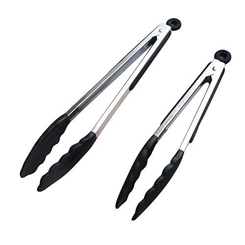 Cookhelper Premium Multipurpose Silicone Tongs 2 Pack (9-Inch And 12-Inch) Stainless Steel Kitchen Tongs For Barbecue (BBQ) Tongs,Salad Tongs, Food-grade Silicone Tips(black)
