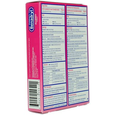 BENADRYL CHILDREN’S ALLERGY MEDICINE CHEWABLES WITH DIPHENHYDRAMINE HCL, CHEWABLE KIDS’ ANTIHISTAMINE TABLETS FOR RELIEF OF ALLERGY SYMPTOMS LIKE SNEEZING & ITCHY EYES, GRAPE FLAVOR, 20 CT