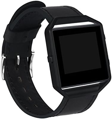 SWAWS Fitbit Blaze Leather Watch Band with Metal Frame ,Fitbit Blaze Leather Bands/Belt/Strap/Bracelet with Stainless Steel Buckle for Women Men(Black leather band with Black frame)
