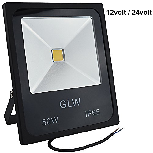 GLW 50W LED Flood Light 12V 24V AC or DC Warm White Outdoor Lights IP65 Waterproof Security Light 5010lm Landscape Lighting 300W Halogen Bulb Equivalent for Night Fishing Lamp, Black Case