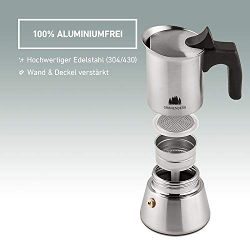 Groenenberg Cafetera Italiana inducción, 4 Tazas (200 ml) | Cafetera Moka  de acero inoxidable (inox) | Cafetera Espresso… - La Cafetera