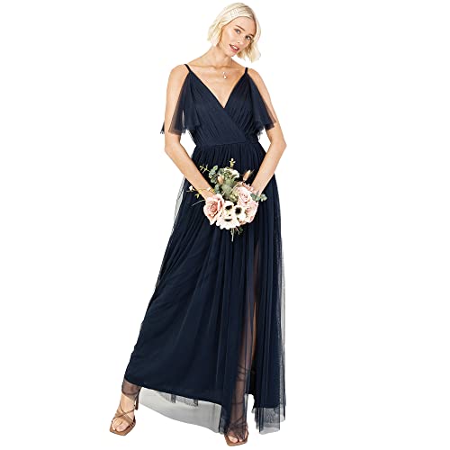 Anaya with Love Damen Ladies Women Long Length Dress Maxi Short Sleeve Cami V Neckline Long Length Empire Waist Bridesmaid Wedding Guest Prom Kleid, Navy Blue,