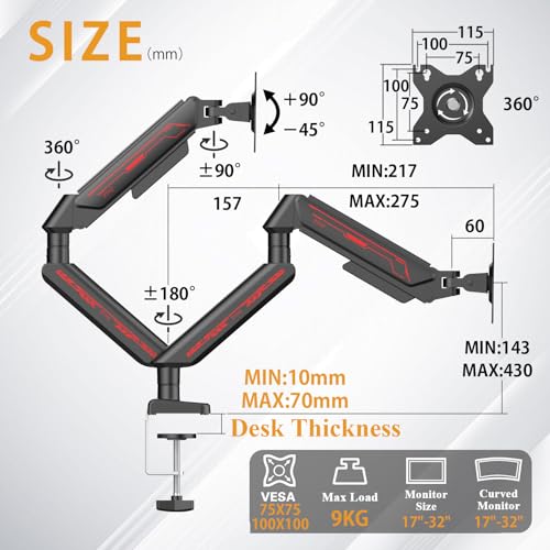 ETHU Dual Monitor Arm, Adjustable Gas Spring Monitor Stand Support 13-32 Inch and 9kg Screen, Full Motion Computer Monitors Mount, LED/LCD Display Arm, VESA Pattern 75x75/100x100 Dual Arm Black