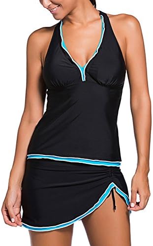 Womens Plus Size Swimsuit Halter Print Tankini Top With Skirted Bikini Bottom Set bathing suits ((US 8-10)M, Black+Blue)