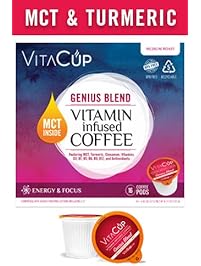 VitaCup MCT, Turmeric, and Cinnamon Genius Blend Coffee K Pods 16 Ct. Infused With Essential Vitamins B12, B9, B6, B5, B1, and D3, in Single Serve Keurig Compatible K Pods (Genius Blend)
