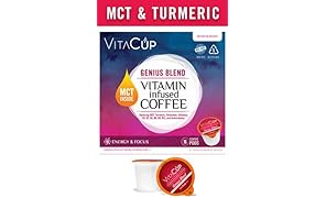 VitaCup MCT, Turmeric, and Cinnamon Genius Blend Coffee K Pods 16 Ct. Infused With Essential Vitamins B12, B9, B6, B5, B1, and D3, in Single Serve Keurig Compatible K Pods (Genius Blend)