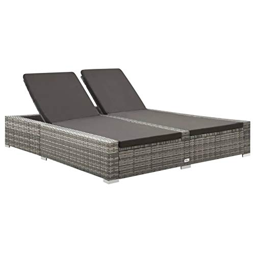 Tidyard Doppel Sonnenliege mit Auflage Doppelliege mit Verstellbare Rückenlehne Gartenliege Relaxliege Strandliege Liege Gartenmöbel Rattanmöbel Poly Rattan Grau – Bild 2