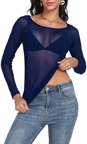 Women's Mesh Tops Long Sleeve Sheer Tops Blouse Sexy Shirt Mock