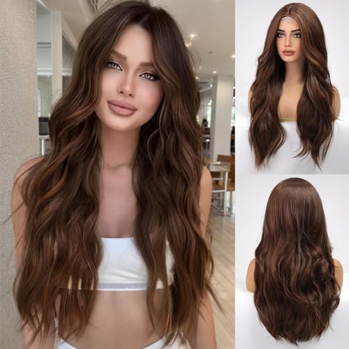 EMMOR Long Mixed Brown Wavy Wig for Women Lace Front Wigs Natural Looking 26 Inch Middle Part Curly Wig Heat Resistant Synthetic Wigs for Daily Party Use