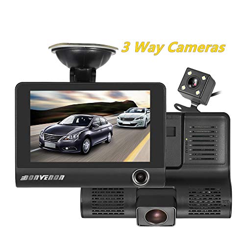 Car Dash Cam Front Inside Rear Video Recorder Camera Dual Dash Cam with 4 inch Reverse Full Screen Driving Recorder DVR HD 1080P Night Vision Parking Mode Seamless Recording