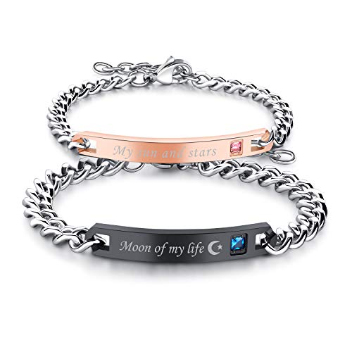 Cupimatch 2pcs CZ His and Hers Couple Bracelets Set, Adjustable Titanium Stainless Steel My Sun and Stars Moon of My Life Love Matching Bracelet Link Jewelry Set,Black …