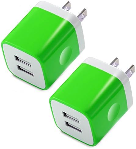 Certified USB Wall Charger 2.1AMP Universal Power Home Travel Wall Charger Dual Port Plug for iPhone, iPod, iPad, Samsung Note, HTC, LG, Smartphones, Tablets and More Device ( 2 Pack ) (Green)