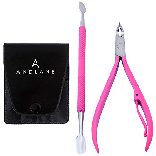 Andlane Cuticle Nipper and Cuticle Pusher - Professional Stainless Steel Cuticle Trimmer, Remover and Cutter - Manicure and Pedicure Tool (Pink)