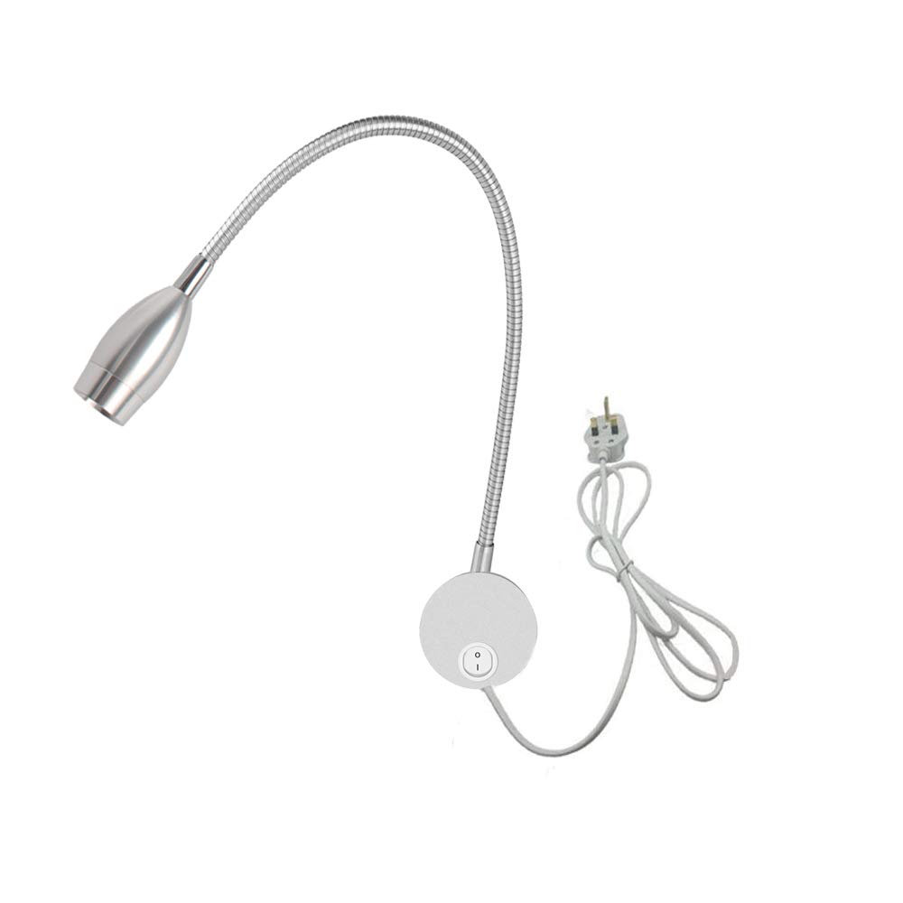 Youngine 3W Reading Lamp, Flexible Bedside LED Reading Light with Switch and Plug Wired, Bedroom Living Room Gooseneck Wall Lamp Light for Bedroom Office Hotel, 6000K (Silver Cool White)
