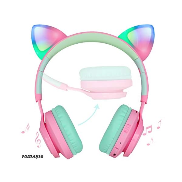 Riwbox Bluetooth Headphones, CT-7 Cat Ear LED Light Up Wireless Foldable Headphones Over Ear with Microphone and Volume…
