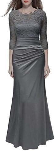 Women's Retro Evening Dress Floral Lace 2/3 Sleeve Slim Long Bridesmaid Maxi Gowns