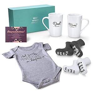 Pregnancy Gifts for First Time Moms – New Mom Gifts for Women, Mom and Dad Est 2023 14 oz Mug Set with Onesie and Baby…