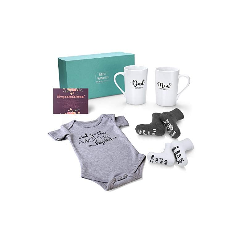 Pregnancy Gifts for First Time Moms – New Mom Gifts for Women, Mom and Dad Est 2023 14 oz Mug Set with Onesie and Baby…