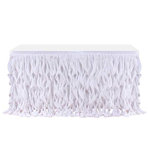 Haperlare 6ft Curly Willow White Table Skirt, Tulle Table Skirt for Rectangle or Round Table Tutu Tablecloth Table Skirting for Wedding Party Baby Shower Birthday Banquet Table Decorations