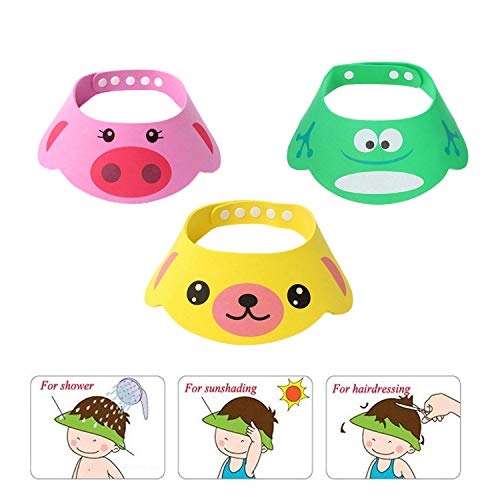 SUNTRADE Adjustable Visor Cartoon Shampoo Shower Bathing Protection Cap for Toddler, Baby, Kids, Children, Set of 3