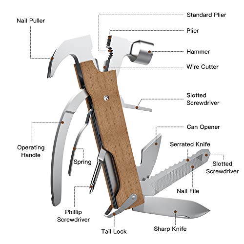 Multi-Purpose Hammer,KUSONKEY 12 in 1 Mini Portable Hammer with Nail Puller,Wire Cutter,Knives,Nail File,Plier,Screwdrivers,Saw,Bottle Opener,Wooden Gift for Him,Men,Father,Husband,Boyfriend