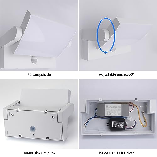 Klighten 24W LED Outdoor Wall Light with Motion Sensor 6000K, White | IP65 Waterproof, Rotary, Outdoor Lighting Aluminium, 1500 Lumen Cool White Light, for Entrance Garden
