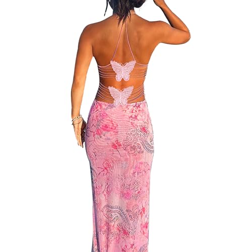 ABYOVRT Women Backless Butterfly Dress Sexy V Neck Sleeveless Open Back Maxi Dress Party Cocktail Bodycon Long Dress