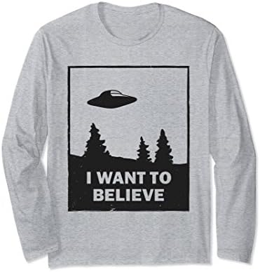 Unisex Vintage I Want To Believe UFO Long Sleeve T-Shirt Medium Heather Grey
