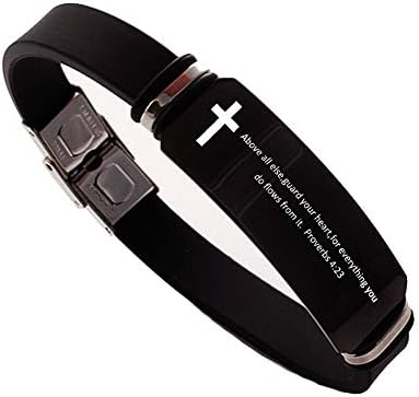 Unisex Stainless Steel and Rubber Bracelets Engraved with Cross Inspiring Bible Verse Quote,Christian Jewelry