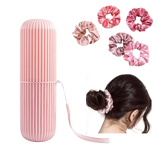 1 Pink TOOTHBRUSH Holder & 1 SATIN HAIR SCRUNCHIE, MOUTHWASH Cup, TOOTHPASTE Holder -Carry Strap, Anti Slip Groove, Camping, Business Trip, Store Travel Make Up Brushes (PINK Holder & Scrunchie)