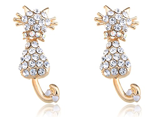 Alilang Golden Tone Relaxing Gazing Kitten Cat Bow Crystal Rhinestone Element Earrings
