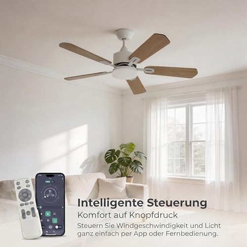 YuYe Ceiling Fan with Lighting, 3 Color Temperatures and 6 Speed, LED Ceiling Fan with Lamp, App Control/Remote Control, Timer (White, 108CM)