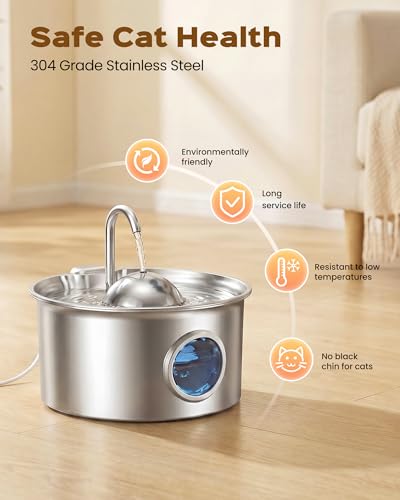 Stainless Steel Cat Fountain: Water Fountain for Cats – 2.6 L – Stainless Steel Cat Fountains – Ultra Quiet Dog Water Dispenser – Easy to Clean – with 8 Filters + 8 Sponges