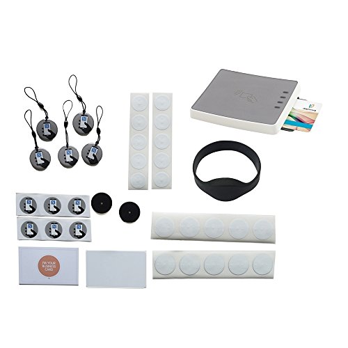 NFC Tags - Developer Kit - Pack of 21 Stickers with NTAG213 Chip + Identiv uTrust 4701 F NFC Desktop Reader + 5 Stickers with NTAG216 Chip + 5 Hang Tags with NTAG213 Chip + 2 PVC Adhesive Discs with Ultralight chip + 1 PVC Card with Ultralight Chip + 1 Paper Card with NTAG203 Chip + 1 Wristband with Ultralight Chip