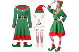 GSMFS 8PCS Elf Costume for Women with Elf Ears Bell Necklaces and Bell Bracelets Christmas Cosplay Costume Dress