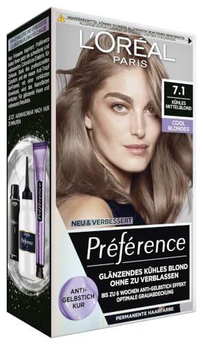 LOreal Paris Permanent Hair Colour with Cool Blonde Result, Hair Dye Set with Anti Yellow Tint Care Balm, Preference Cool Medium Blonde (Hamburg), 1 Piece