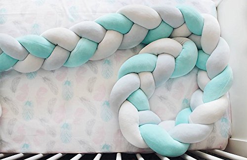 LOAOL Baby Crib Bumper Knotted Braided Plush Nursery Cradle Decor Newborn Gift Pillow Cushion Junior Bed Sleep Bumper (4 Meters, White-Gray-Green)