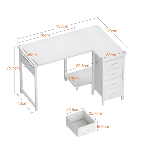 Coleshome Computer Desk with Drawers, 100x70 cm Corner Desk for Home Office, Reversible L Shaped Office Desks White