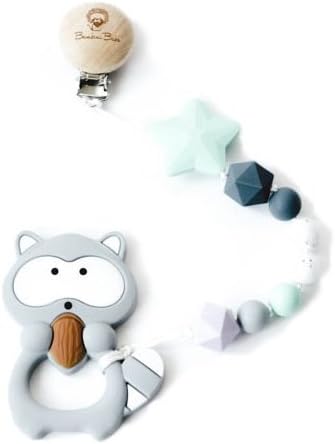 Silicone Teething Toy| Baby Teether 3 Months | Teether Animal | Teether Beads| Baby Gift | Non-Toxic & BPA-Free | Food Grade Silicone | by Bambini Babe (Gray Raccoon)