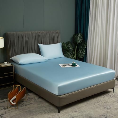 Drap-housse en bambou - 200 x 200 cm - Bleu clair - Antibactérien - Doux - Rafraîchissant - 100 % bambou - Pour lit double - Uni - Pour matelas haut - Jusqu'à 25-30 cm